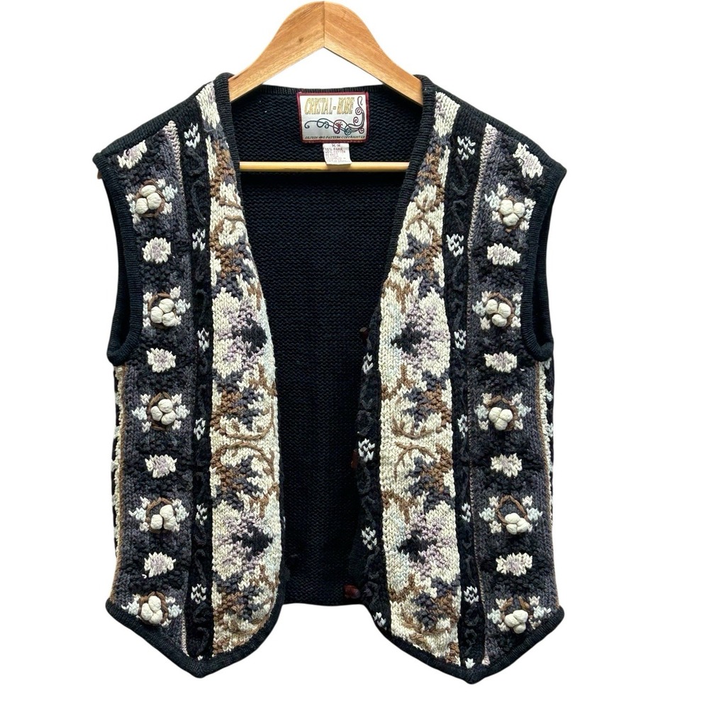 Crystal‎ Kobe Fall Sweater Vest M Black Knit Wooden Buttons Vintage Cottagecore